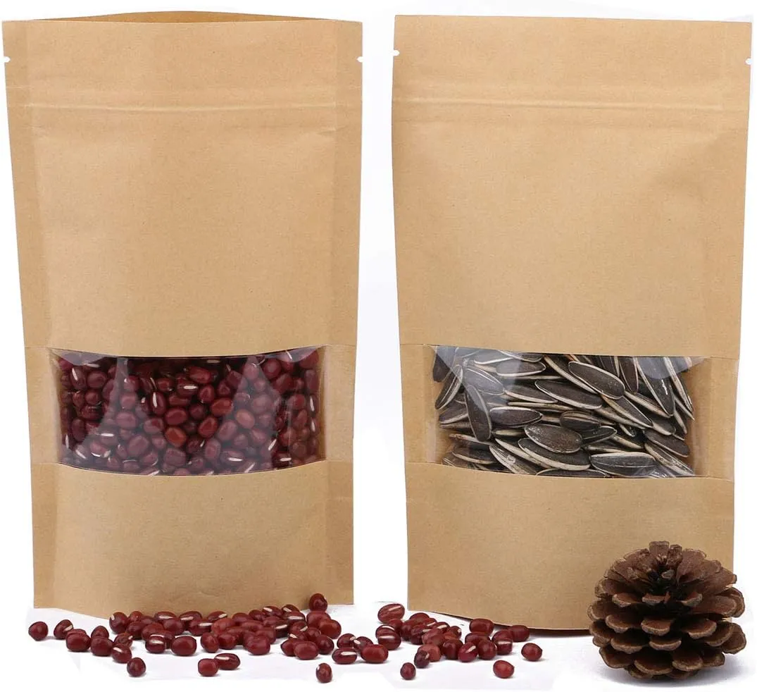 Stand Up Pouches 100pcs, 7.8''×4.6'' Resealable Bags for Small Business, Resealable Kraft Paper Bags with Window, Paper Bakery Bag for Small Business, Family, Company