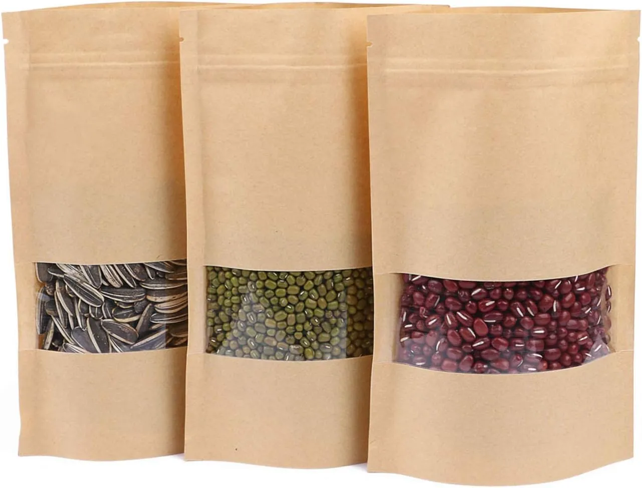 Stand Up Pouches 100pcs, 7.8''×4.6'' Resealable Bags for Small Business, Resealable Kraft Paper Bags with Window, Paper Bakery Bag for Small Business, Family, Company