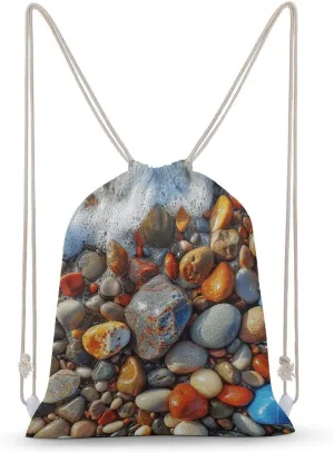 Stones on Beach Drawstring Backpack for Women Men Drawstring Bag for Travel Swimming Sports Gym Bag
