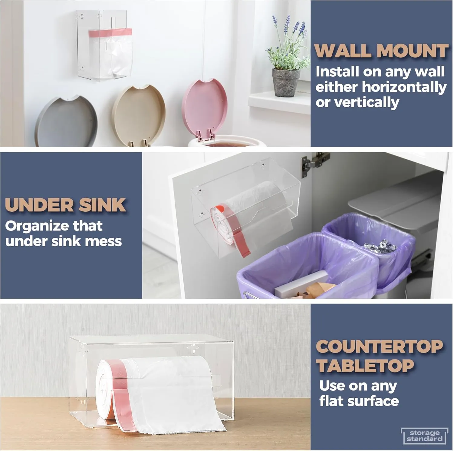 Storage Standard Trash Bag Dispenser - Acrylic Roll Holder, Garbage Bag Organizer for Home or Shops - Small