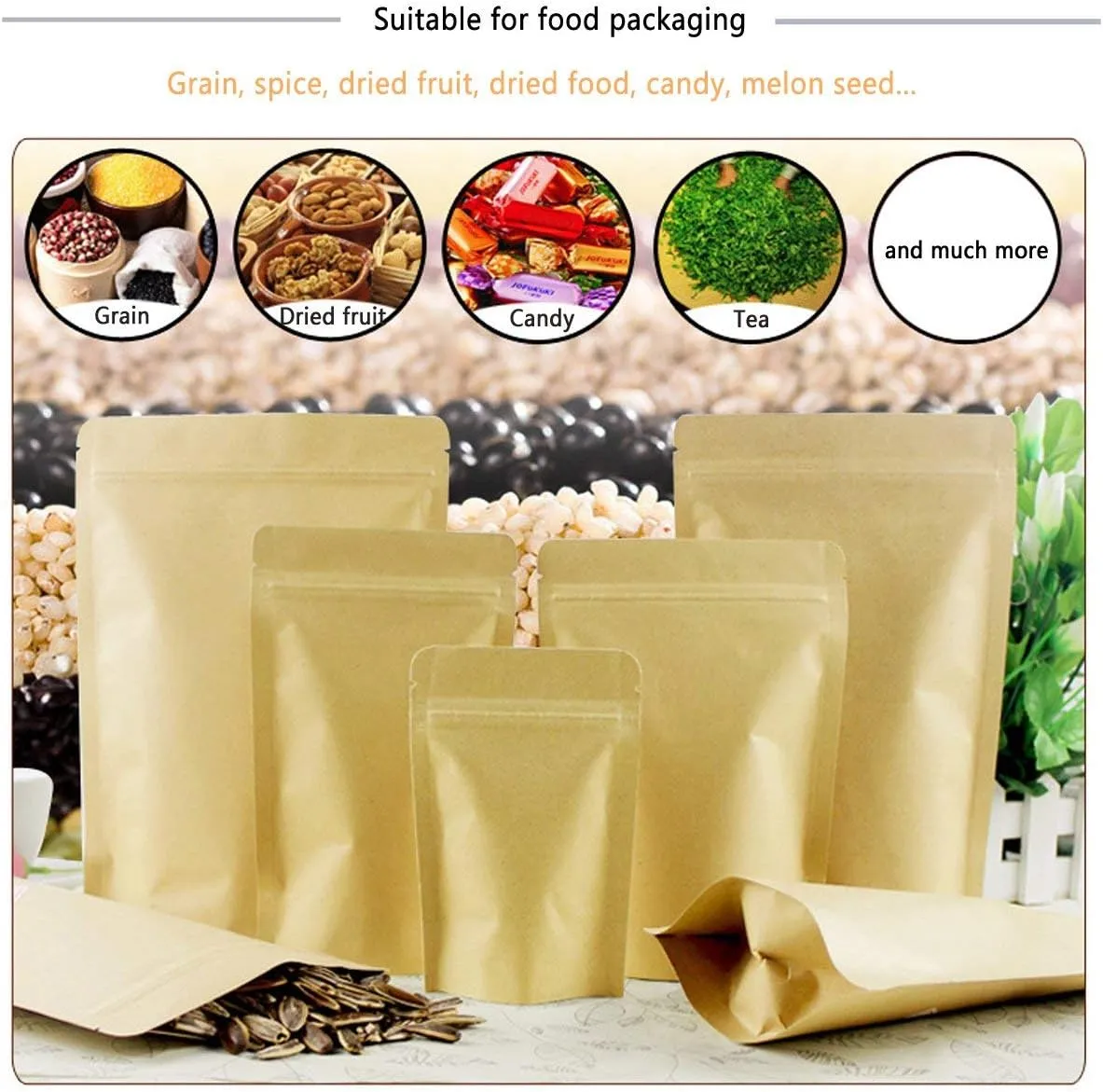SumDirect Kraft Stand Up Pouches - 50 Pack 5x7 Inch ZipperFood Storage Reusable Bags with Foil Lined for Home or Business (Brown)