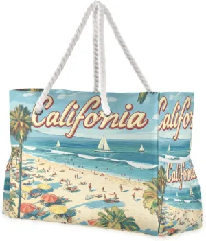 Summer Beach California Scene Sandproof Duffel Bag Sports Tote with side pocketes Women Tote Bag with zippered pockets