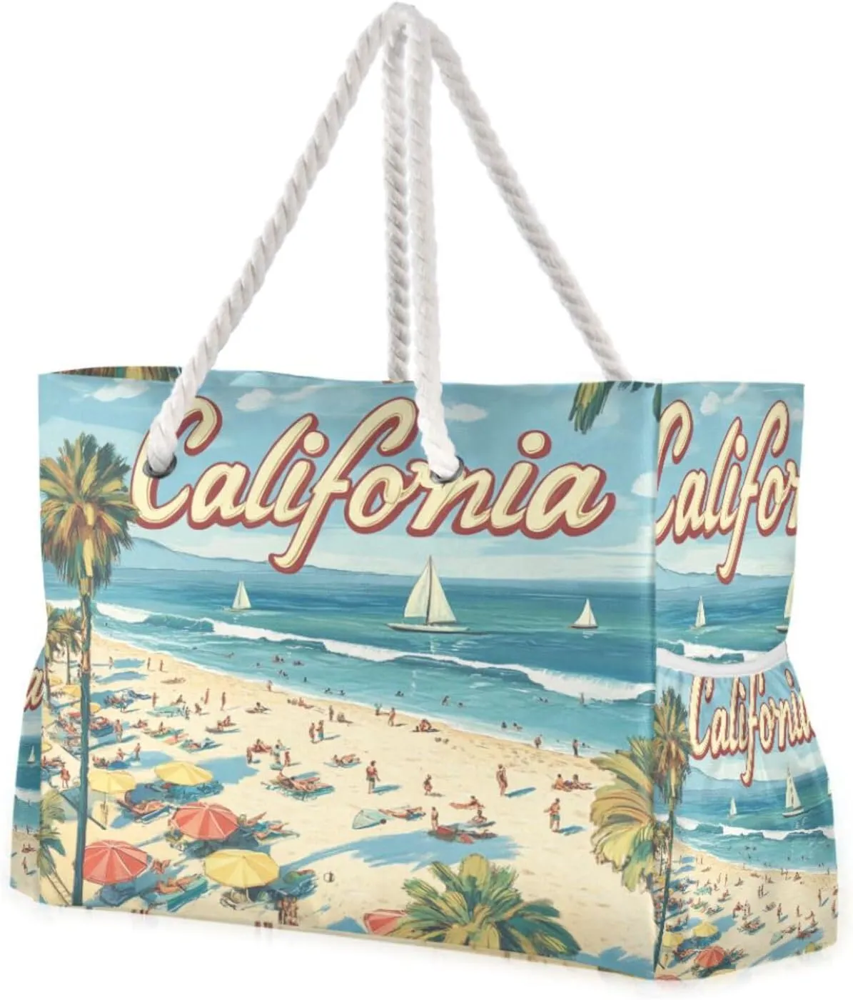 Summer Beach California Scene Sandproof Duffel Bag Sports Tote with side pocketes Women Tote Bag with zippered pockets