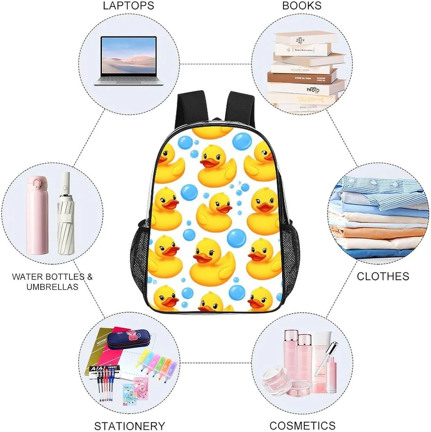 Supdreamc Lightweight Daypack for Camping Business Walking Cycling - Large Capacity Transparent Multipurpose Bookbag, Cute Funny Cartoon Yellow Rubber Ducks Bubbles Gym Outdoor Hiking Backpack