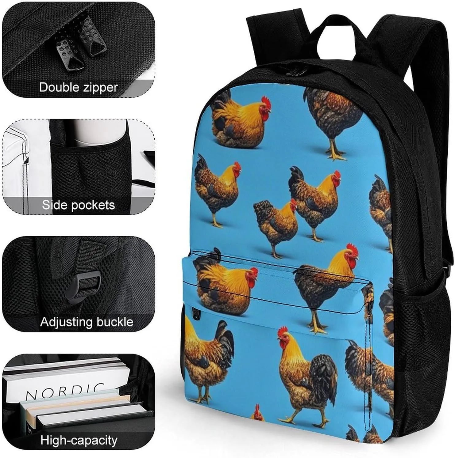 Supdreamc Men Women Lightweight Chicken Rooster Art Backpack Large Capacity Bookbag With Smooth Zippers for Gym Business Running
