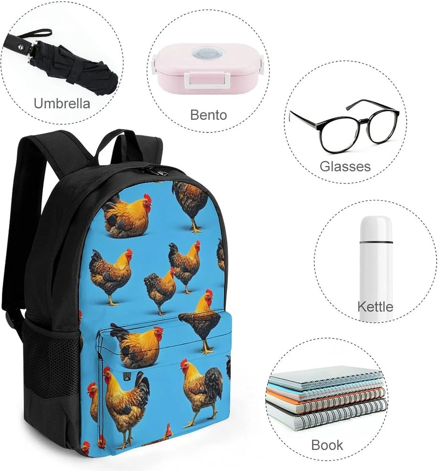 Supdreamc Men Women Lightweight Chicken Rooster Art Backpack Large Capacity Bookbag With Smooth Zippers for Gym Business Running