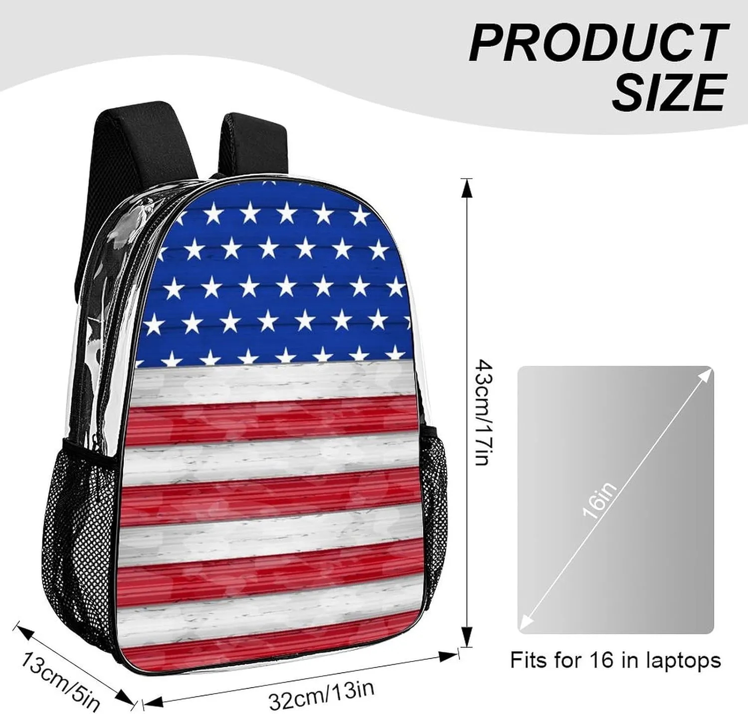 Supdreamc Men Women Transparent Red Blue White American Flag Daypack Backpack Large Capacity Carry On Bag With Smooth Zippers for Hiking Picnic Walking Cycling