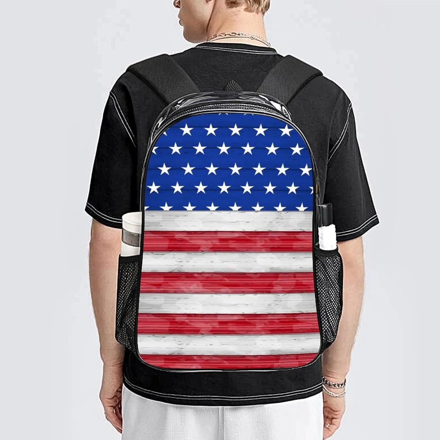 Supdreamc Men Women Transparent Red Blue White American Flag Daypack Backpack Large Capacity Carry On Bag With Smooth Zippers for Hiking Picnic Walking Cycling