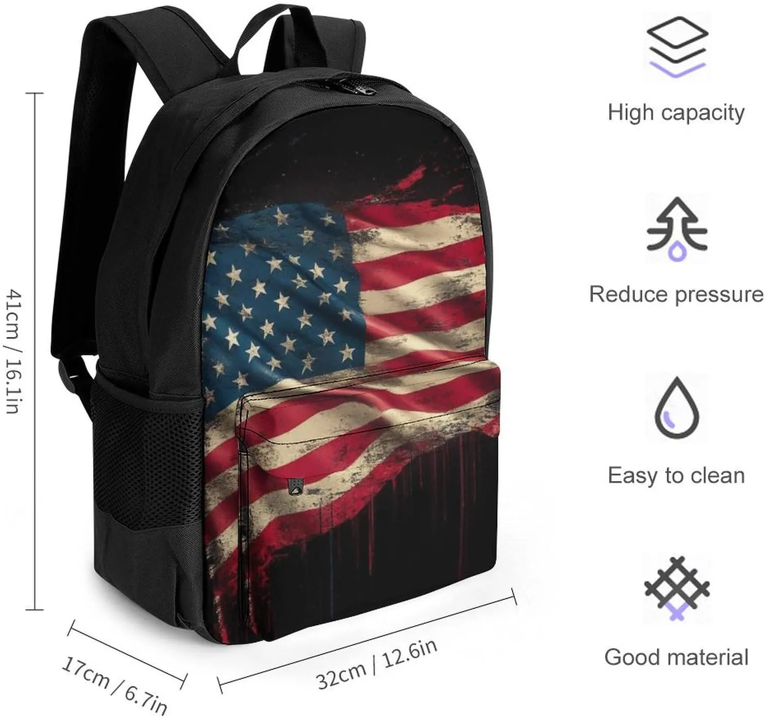 Supdreamc Polyester Daypack for Hiking Work Running - Big Capacity Anti-Theft Multipurpose Shoulder Bag, American Flag Art Travel and Sport Backpack Rucksack
