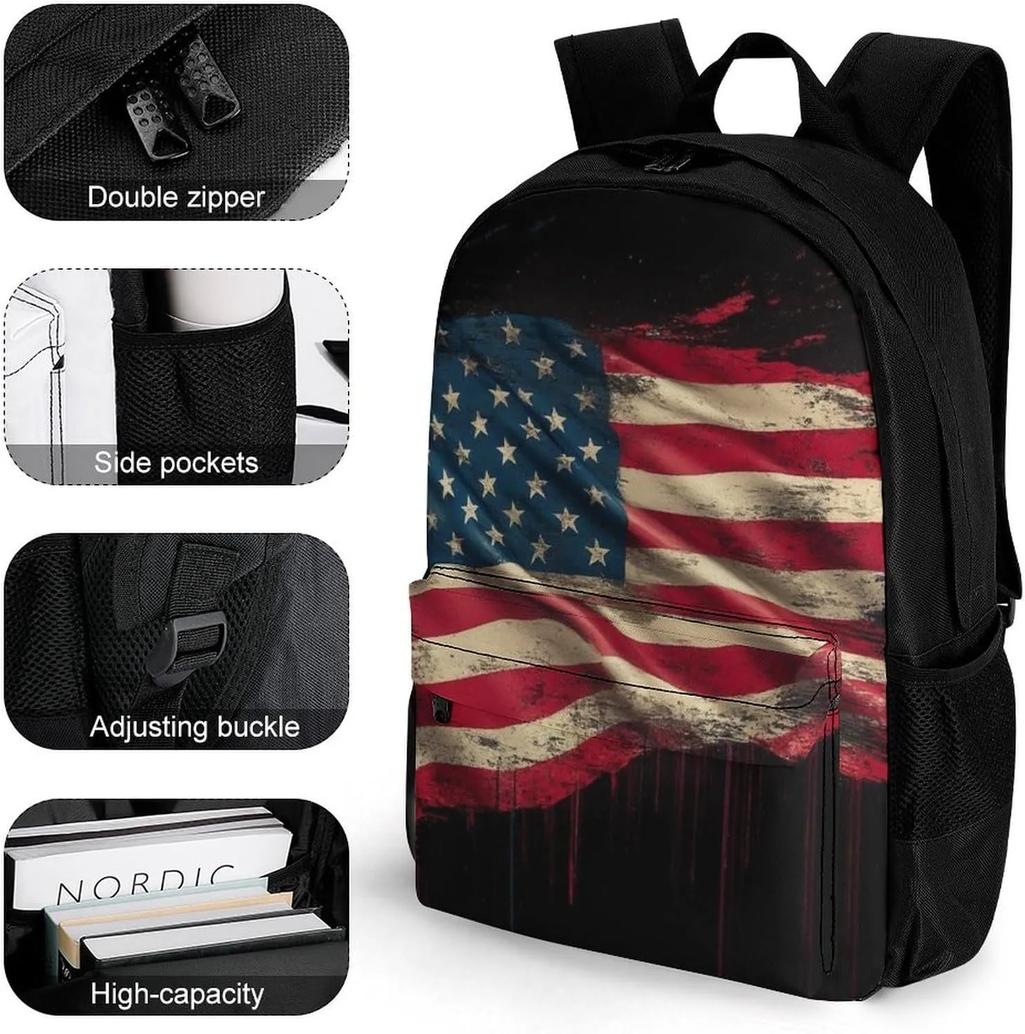 Supdreamc Polyester Daypack for Hiking Work Running - Big Capacity Anti-Theft Multipurpose Shoulder Bag, American Flag Art Travel and Sport Backpack Rucksack
