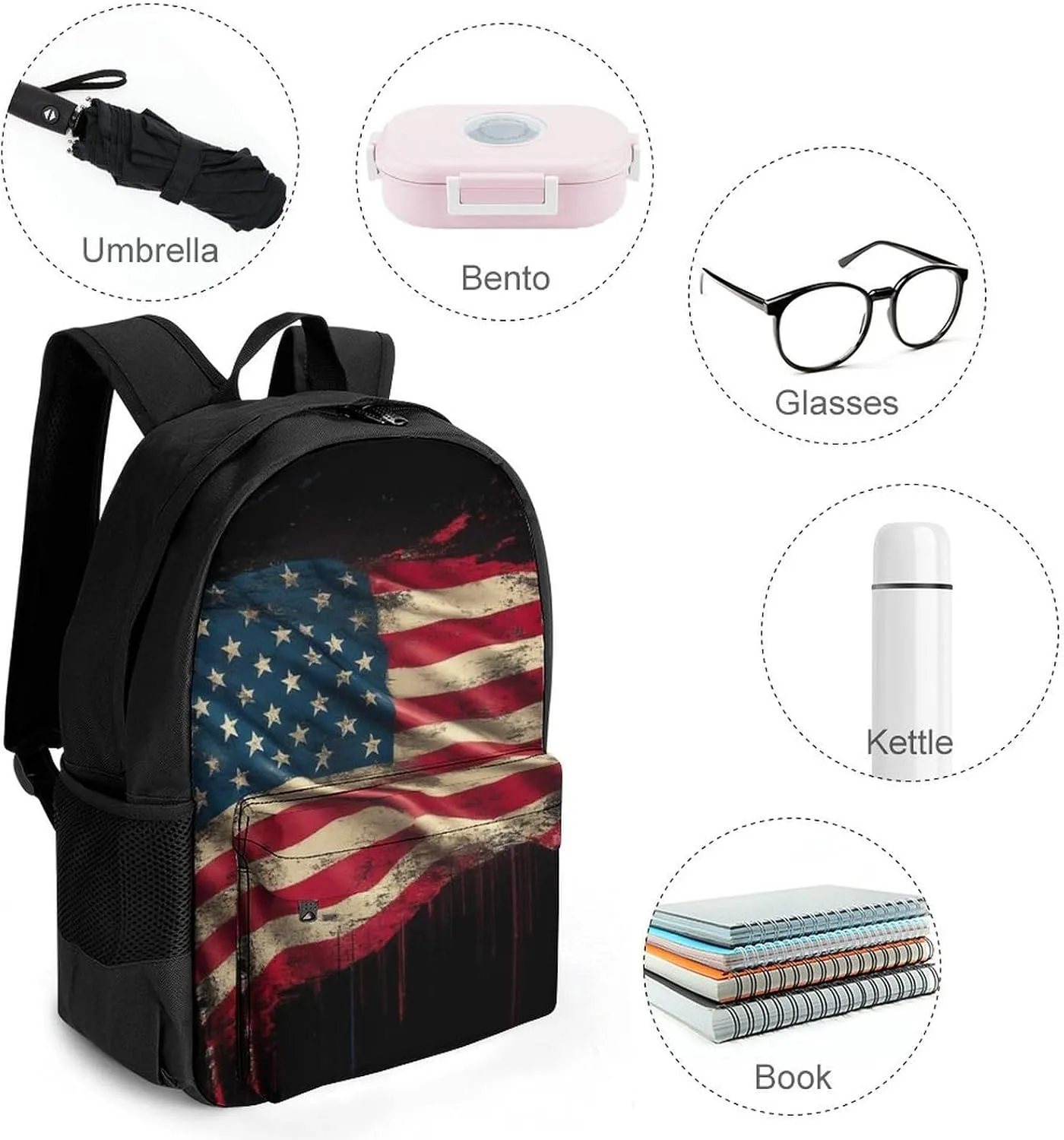 Supdreamc Polyester Daypack for Hiking Work Running - Big Capacity Anti-Theft Multipurpose Shoulder Bag, American Flag Art Travel and Sport Backpack Rucksack