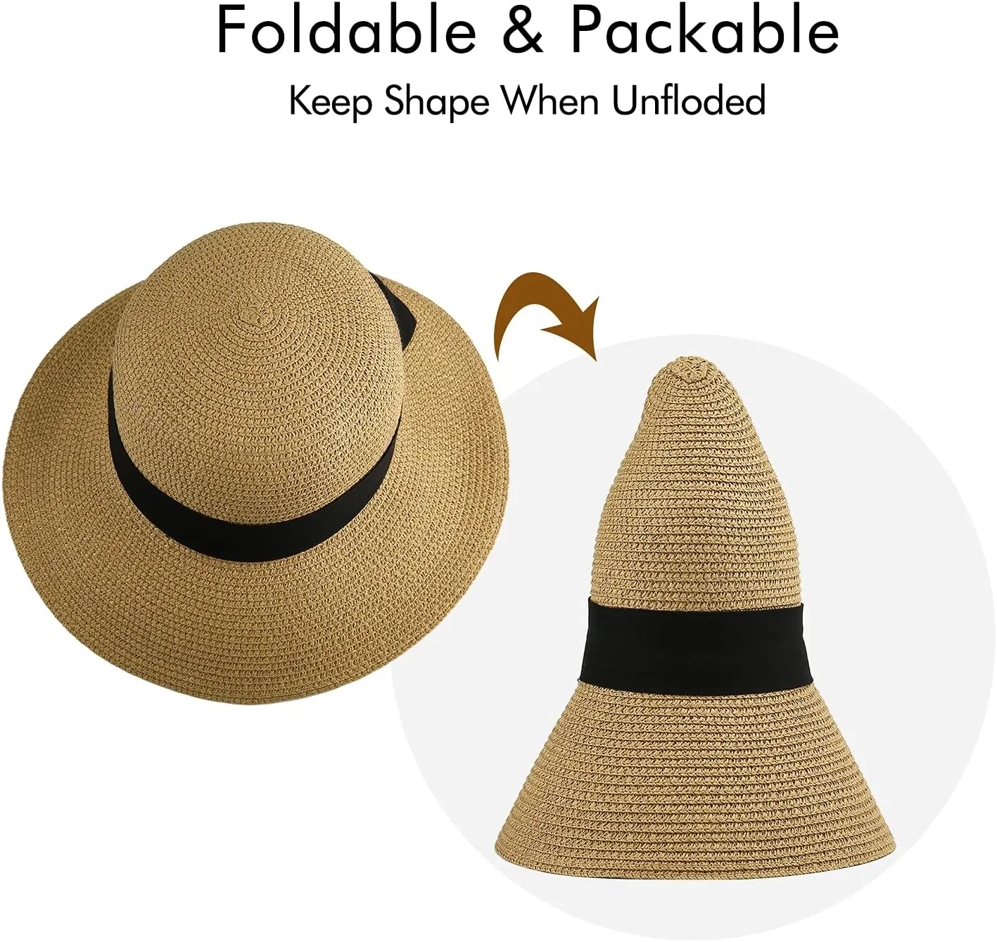 Surblue Womens Straw Sun Hat Wide Brim Foldable Panama Roll up Cap Fedora Beach Sun Hat UPF50 