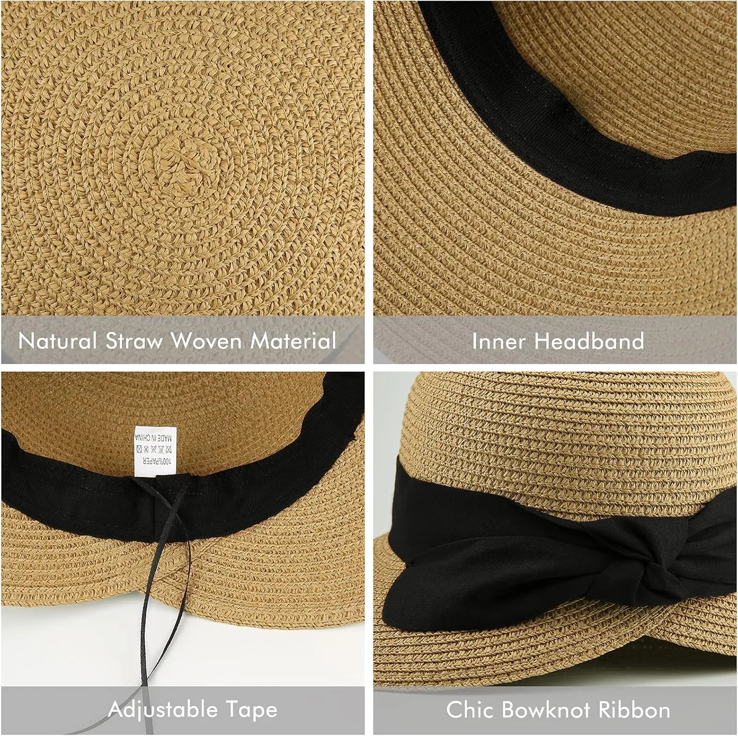 Surblue Womens Straw Sun Hat Wide Brim Foldable Panama Roll up Cap Fedora Beach Sun Hat UPF50 