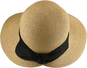 Surblue Womens Straw Sun Hat Wide Brim Foldable Panama Roll up Cap Fedora Beach Sun Hat UPF50 