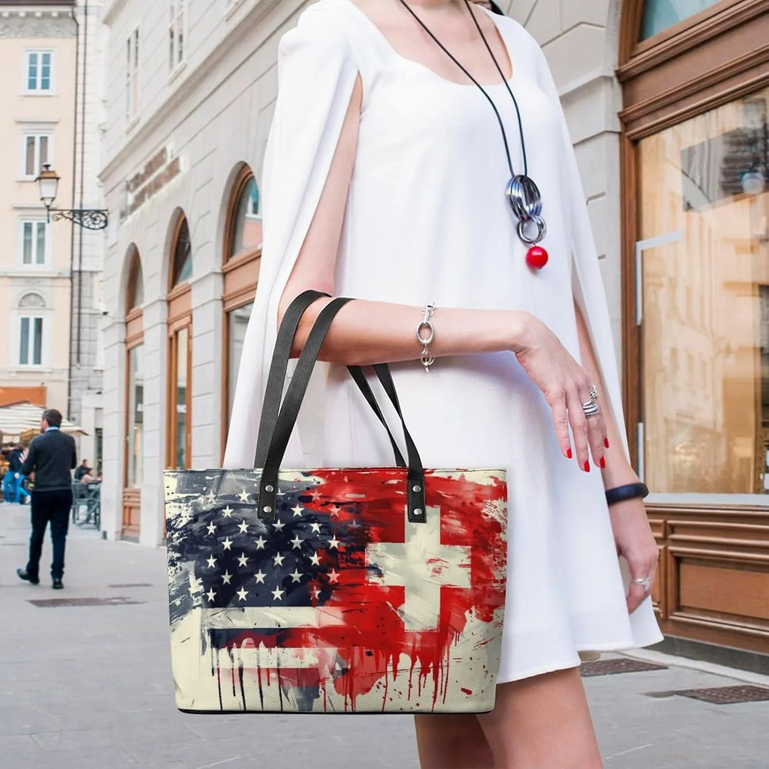 Swiss And American Flag Women Soft Leather Handbags Tote Purses Shoulder Bucket Bags