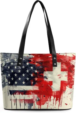 Swiss And American Flag Women Soft Leather Handbags Tote Purses Shoulder Bucket Bags