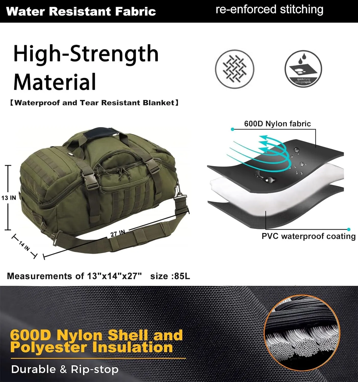 Tactical Duffle Bag Backpack  (Green, 80L)