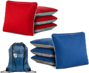 Tailgating Pros Pro-Style Two-Sided Cornhole Bags Red Royal Blue w/Grey Suede & Bag Tote - Slick & Stick - All Weather - Set of 8