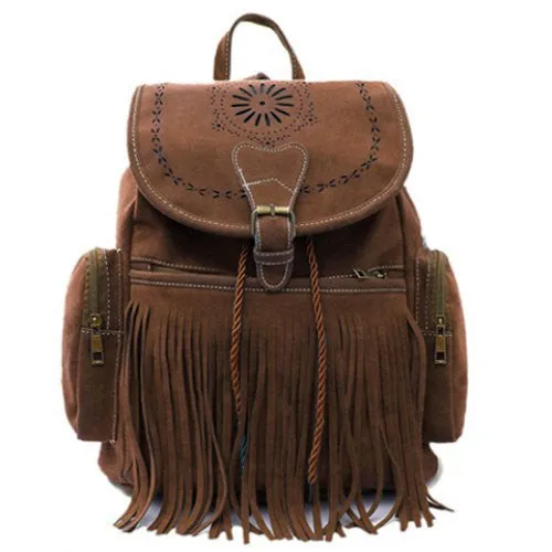Tassel Bag Women Backpack Bag Bolsa Feminina Retro Engraving and Fringe Design Women's Vintage Satchel