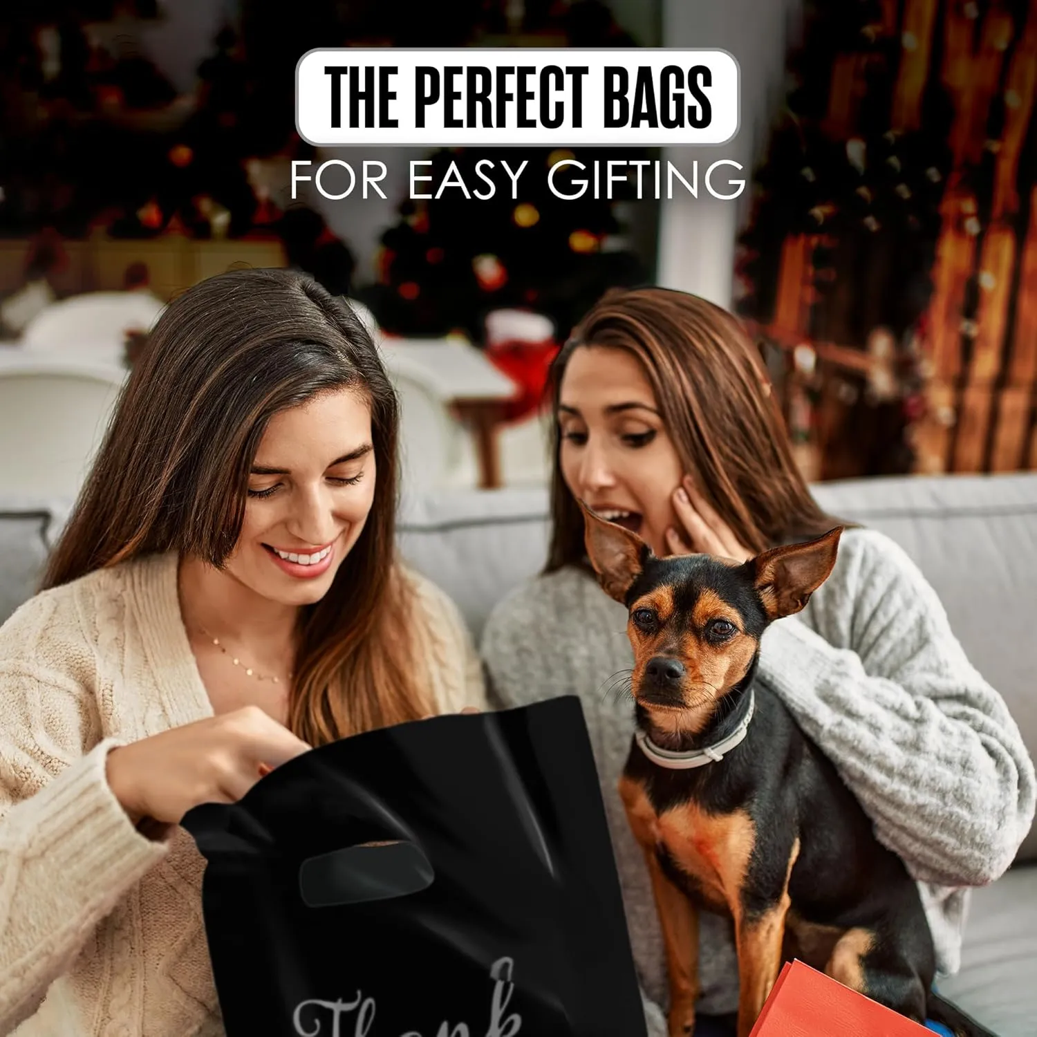Thank You Bags, Merchandise Bags, Thank You Plastic Bag, For Boutique, Retail, Shopping, Gift, Small Business, Customers, Product, Vendor, Store, Events, With Handles, Black, 12” x 15”, Bulk 100 Pack