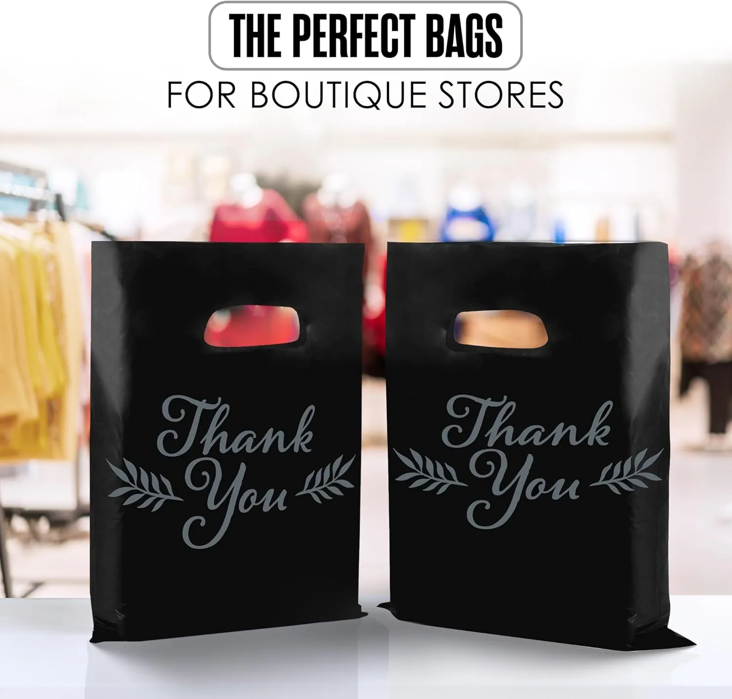 Thank You Bags, Merchandise Bags, Thank You Plastic Bag, For Boutique, Retail, Shopping, Gift, Small Business, Customers, Product, Vendor, Store, Events, With Handles, Black, 12” x 15”, Bulk 100 Pack