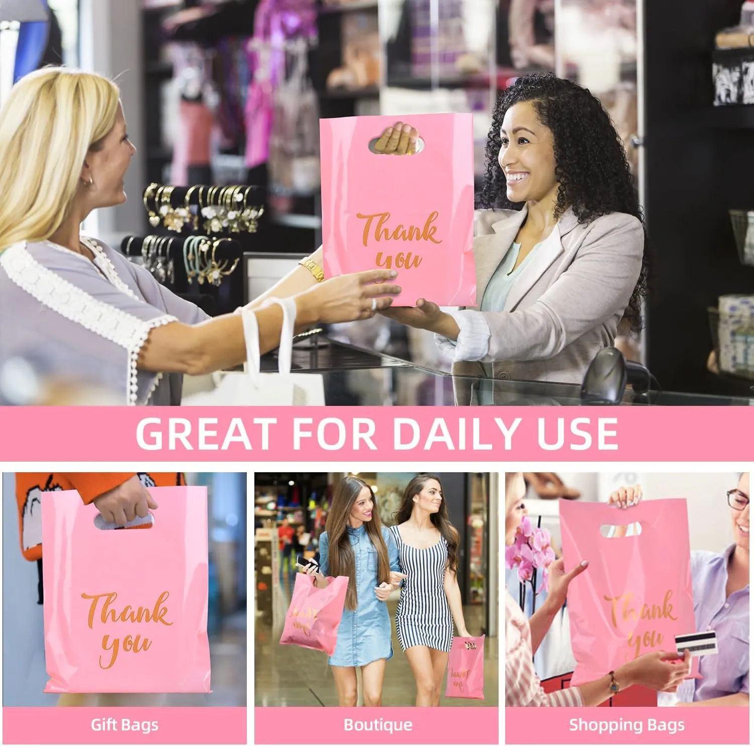 Thank You Merchandise Bags, 12 x 15 Inch Retail Shopping Bags for Small Business Stores Boutique, 100 Pcs 4.73 Mils Plastic Gift Bags with Die Cut Handles for Party (Pink)
