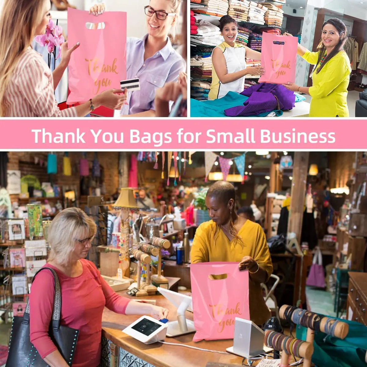 Thank You Merchandise Bags, 12 x 15 Inch Retail Shopping Bags for Small Business Stores Boutique, 100 Pcs 4.73 Mils Plastic Gift Bags with Die Cut Handles for Party (Pink)