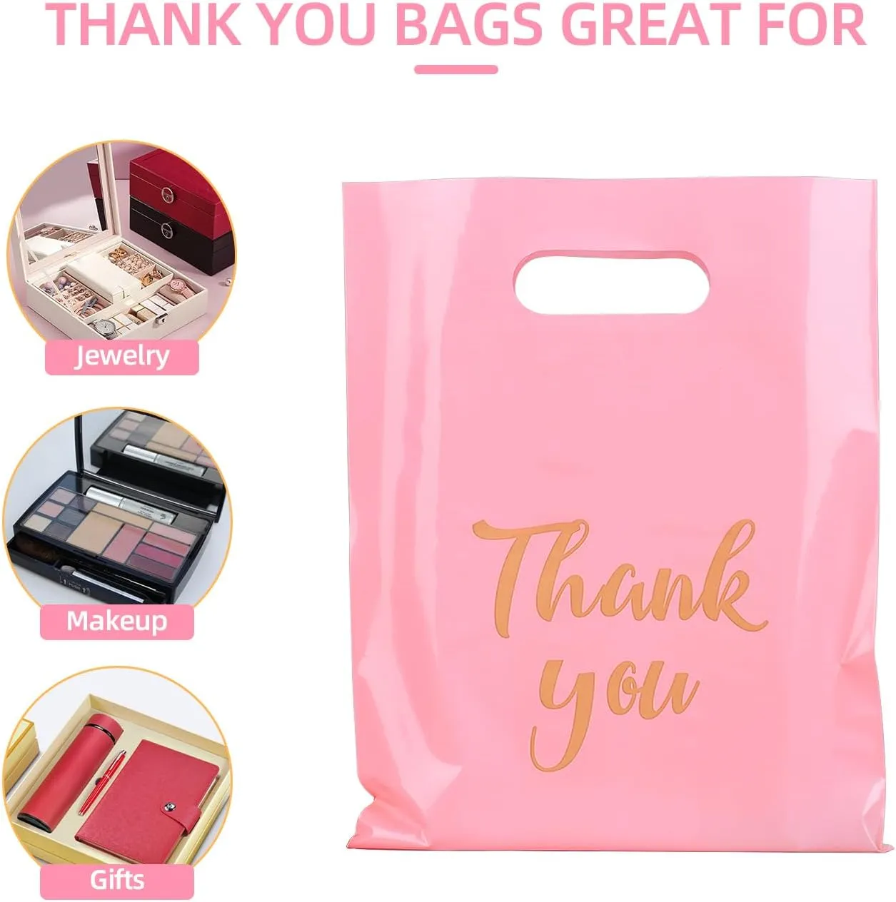 Thank You Merchandise Bags, 12 x 15 Inch Retail Shopping Bags for Small Business Stores Boutique, 100 Pcs 4.73 Mils Plastic Gift Bags with Die Cut Handles for Party (Pink)