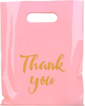 Thank You Merchandise Bags, 12 x 15 Inch Retail Shopping Bags for Small Business Stores Boutique, 100 Pcs 4.73 Mils Plastic Gift Bags with Die Cut Handles for Party (Pink)