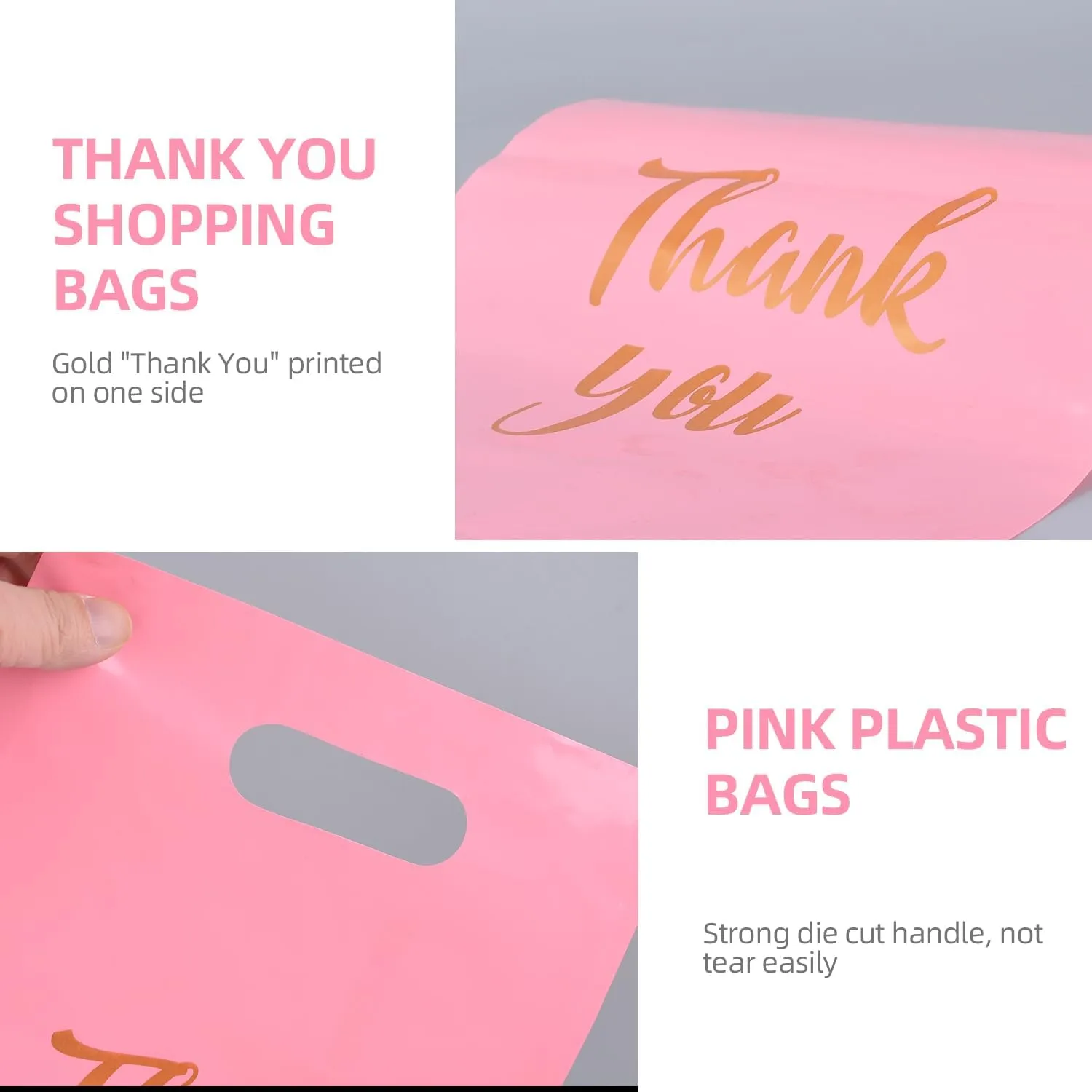 Thank You Merchandise Bags, 12 x 15 Inch Retail Shopping Bags for Small Business Stores Boutique, 100 Pcs 4.73 Mils Plastic Gift Bags with Die Cut Handles for Party (Pink)