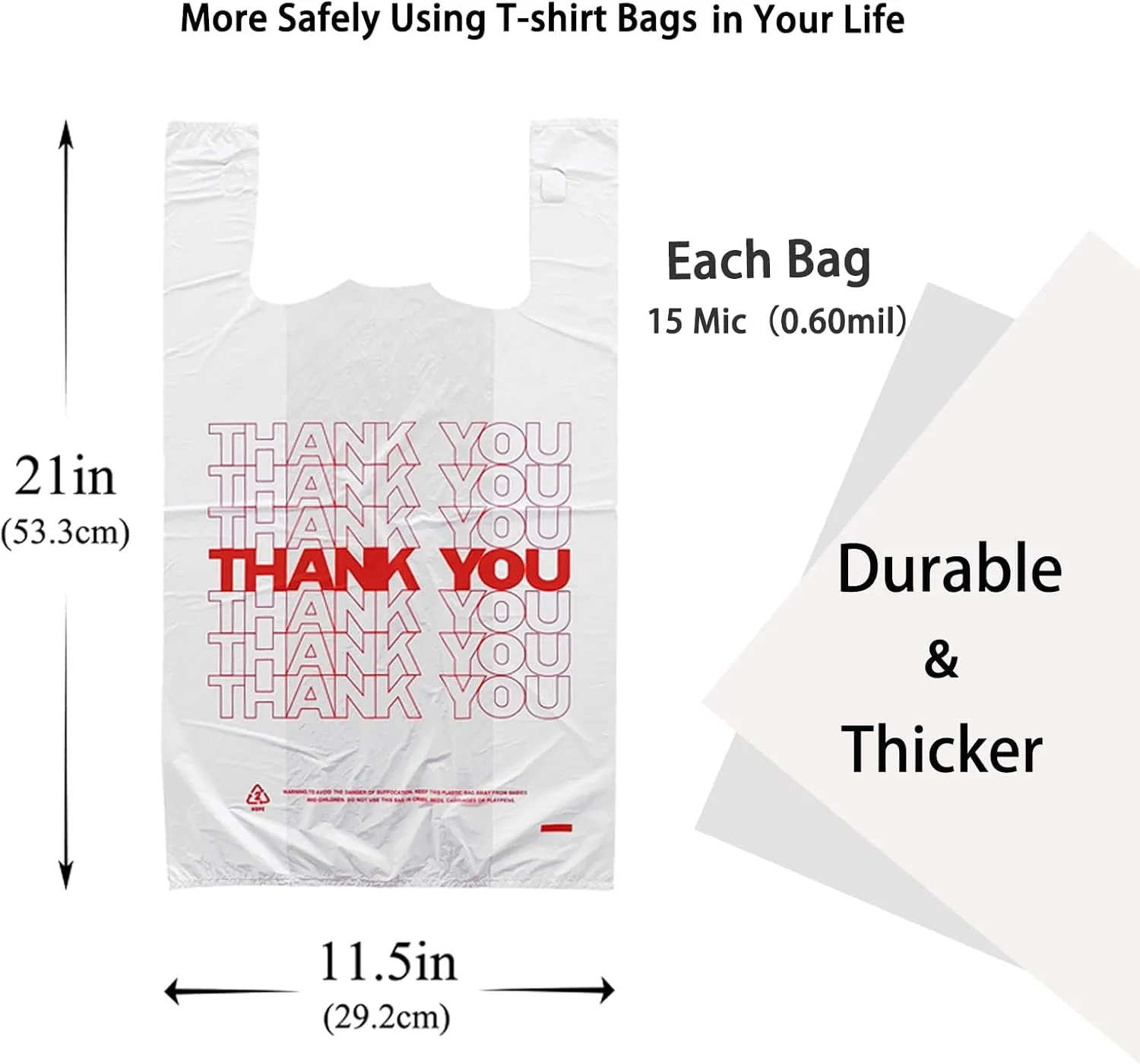 Thank You plastic bags with handles(500 count),shopping,grocery T-shirt bags for small business,11.5" X 6.25" X 21", 15mic, 0.6 Mil
