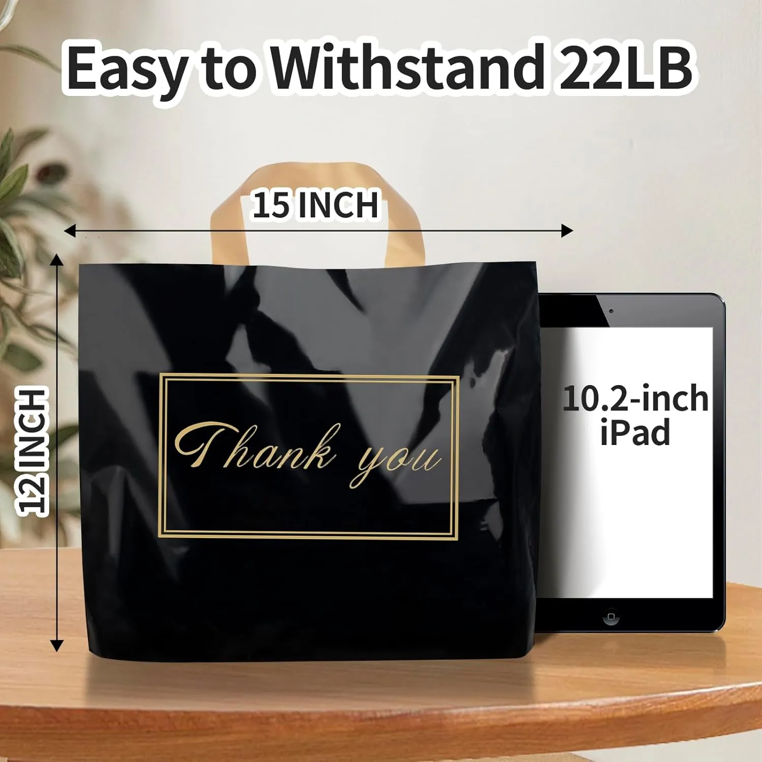Thank You Plastic Shopping Bags for Small Businesses Extra Large Thick Bulk Merchandise Gift Bags with Handles for Customers Party Favors, Black 50 Pack