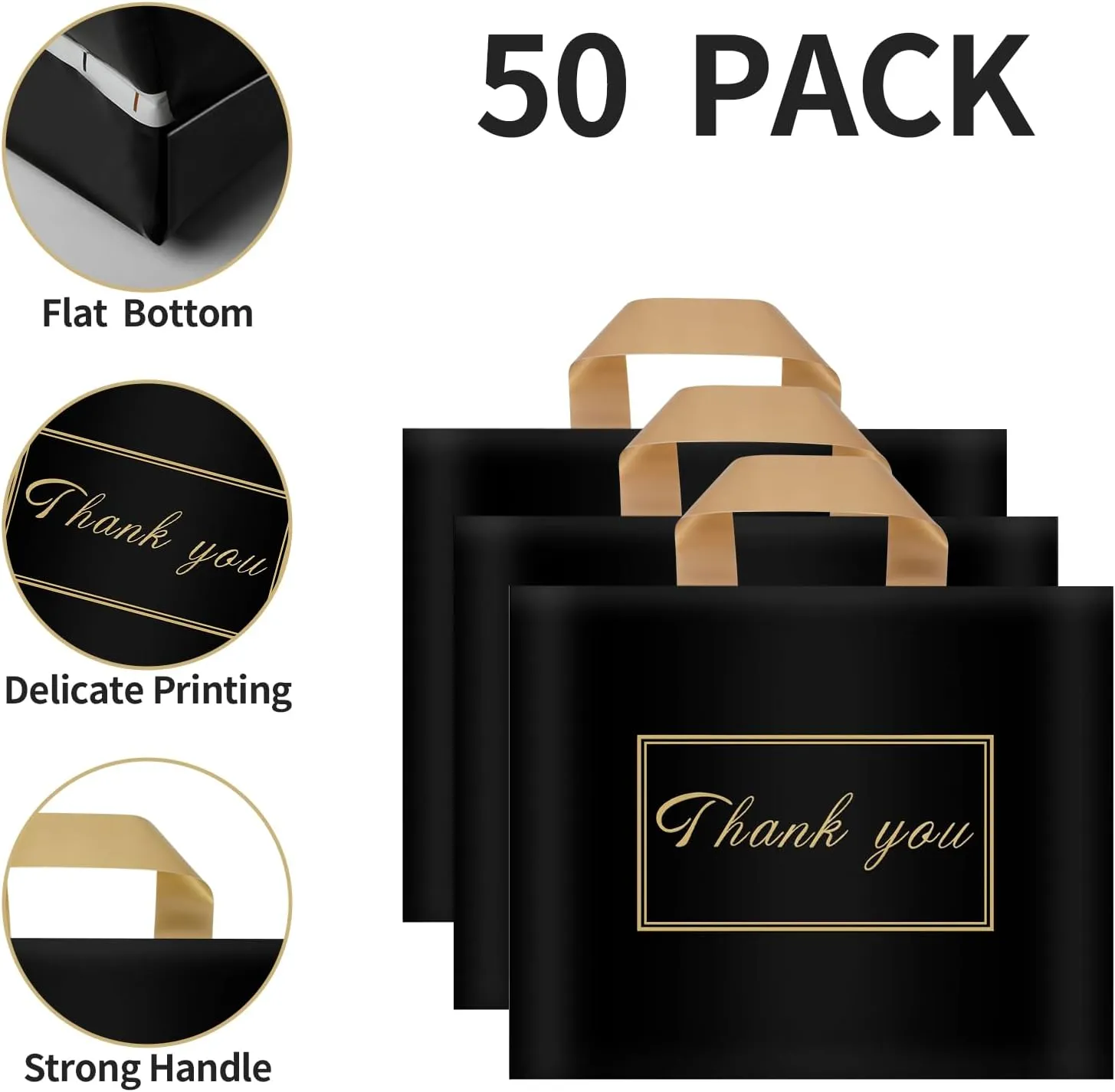 Thank You Plastic Shopping Bags for Small Businesses Extra Large Thick Bulk Merchandise Gift Bags with Handles for Customers Party Favors, Black 50 Pack