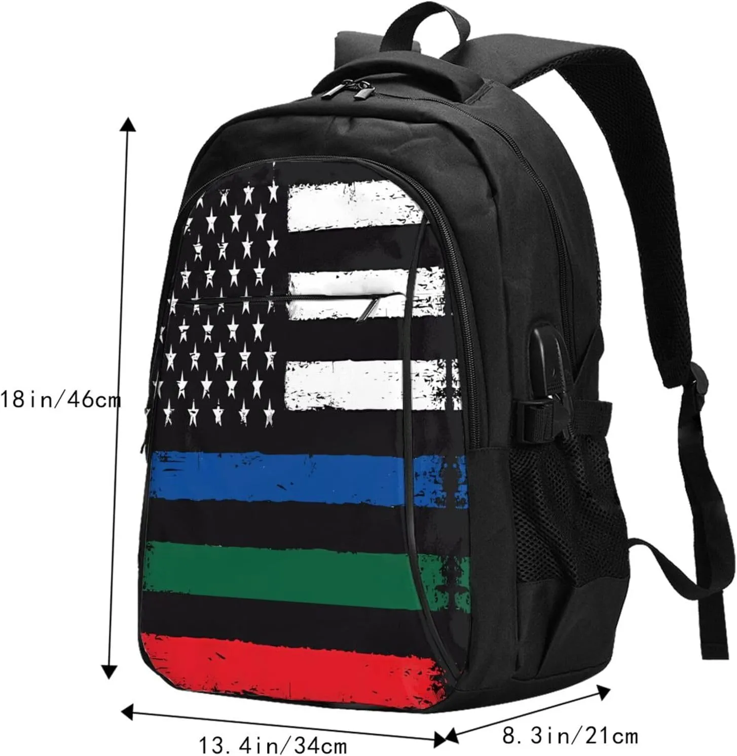 Thin Blue Red Green Line American Flag Travel Backpack Laptop Backpacks Business Rucksack Outdoor Daypack Large Sport Bag with Luggage Strap USB Charging Port for Hiking Working