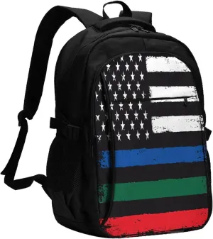 Thin Blue Red Green Line American Flag Travel Backpack Laptop Backpacks Business Rucksack Outdoor Daypack Large Sport Bag with Luggage Strap USB Charging Port for Hiking Working