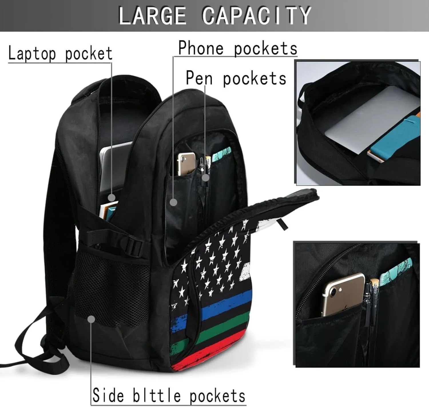 Thin Blue Red Green Line American Flag Travel Backpack Laptop Backpacks Business Rucksack Outdoor Daypack Large Sport Bag with Luggage Strap USB Charging Port for Hiking Working