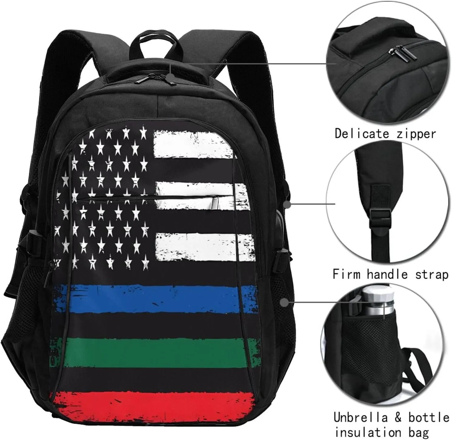 Thin Blue Red Green Line American Flag Travel Backpack Laptop Backpacks Business Rucksack Outdoor Daypack Large Sport Bag with Luggage Strap USB Charging Port for Hiking Working