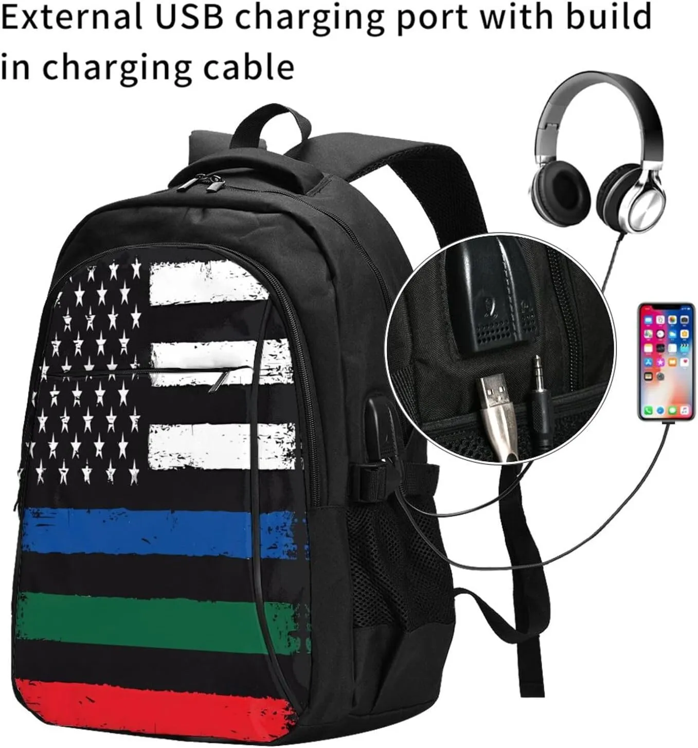Thin Blue Red Green Line American Flag Travel Backpack Laptop Backpacks Business Rucksack Outdoor Daypack Large Sport Bag with Luggage Strap USB Charging Port for Hiking Working