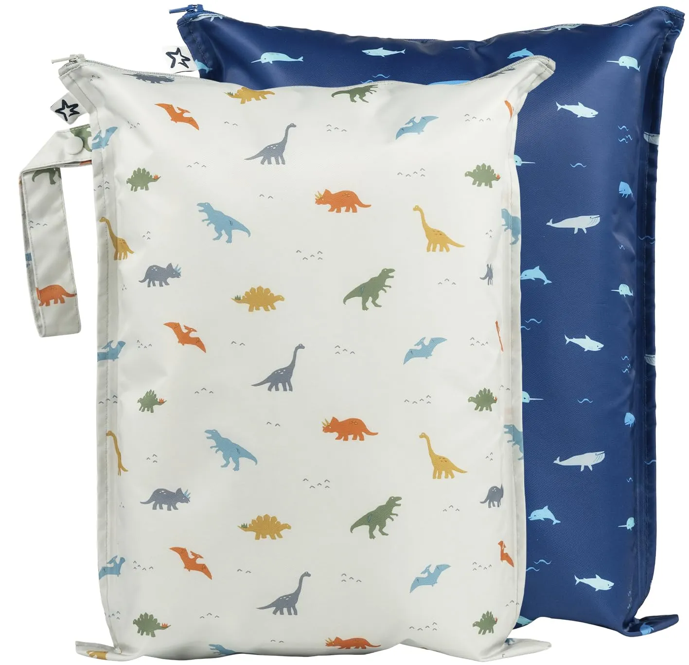 Tiny Twinkle Mess-proof Waterproof Wet Dry Bag | 2 Pack Reusable for Swimsuits, Gym & Baby Clothes | Leakproof Wet Clothes Bag, Beach Travel Essentials (Dinosaur, Ocean Life)