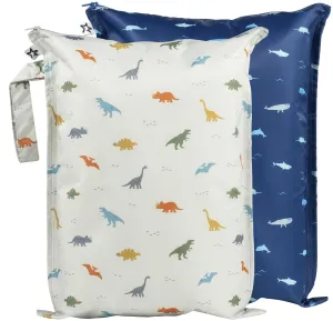 Tiny Twinkle Mess-proof Waterproof Wet Dry Bag | 2 Pack Reusable for Swimsuits, Gym & Baby Clothes | Leakproof Wet Clothes Bag, Beach Travel Essentials (Dinosaur, Ocean Life)