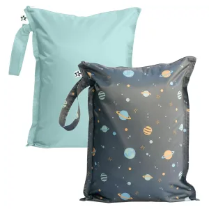 Tiny Twinkle Mess-proof Waterproof Wet Dry Bag | 2 Pack Reusable for Swimsuits, Gym & Baby Clothes | Leakproof Wet Clothes Bag, Beach Travel Essentials (Space, Ice Blue)
