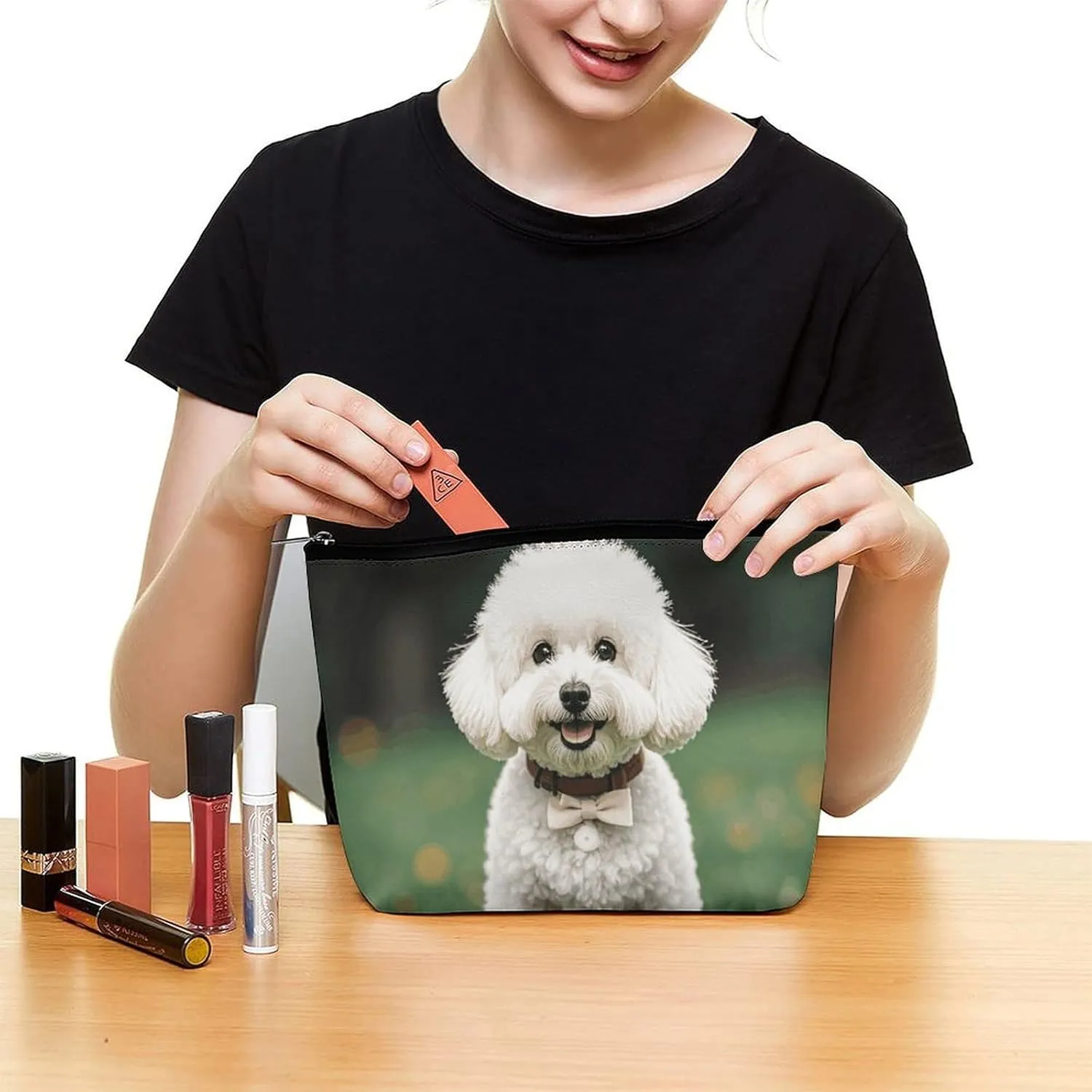 Toiletry Bag for Women Bichon Frise Dog on The Grass Cosmetic Bag Portable Capacity Travel Makeup Bags with Zipper Lightweight Cute Beauty Makeup Organizer for Traveling, Accessories, Essentials