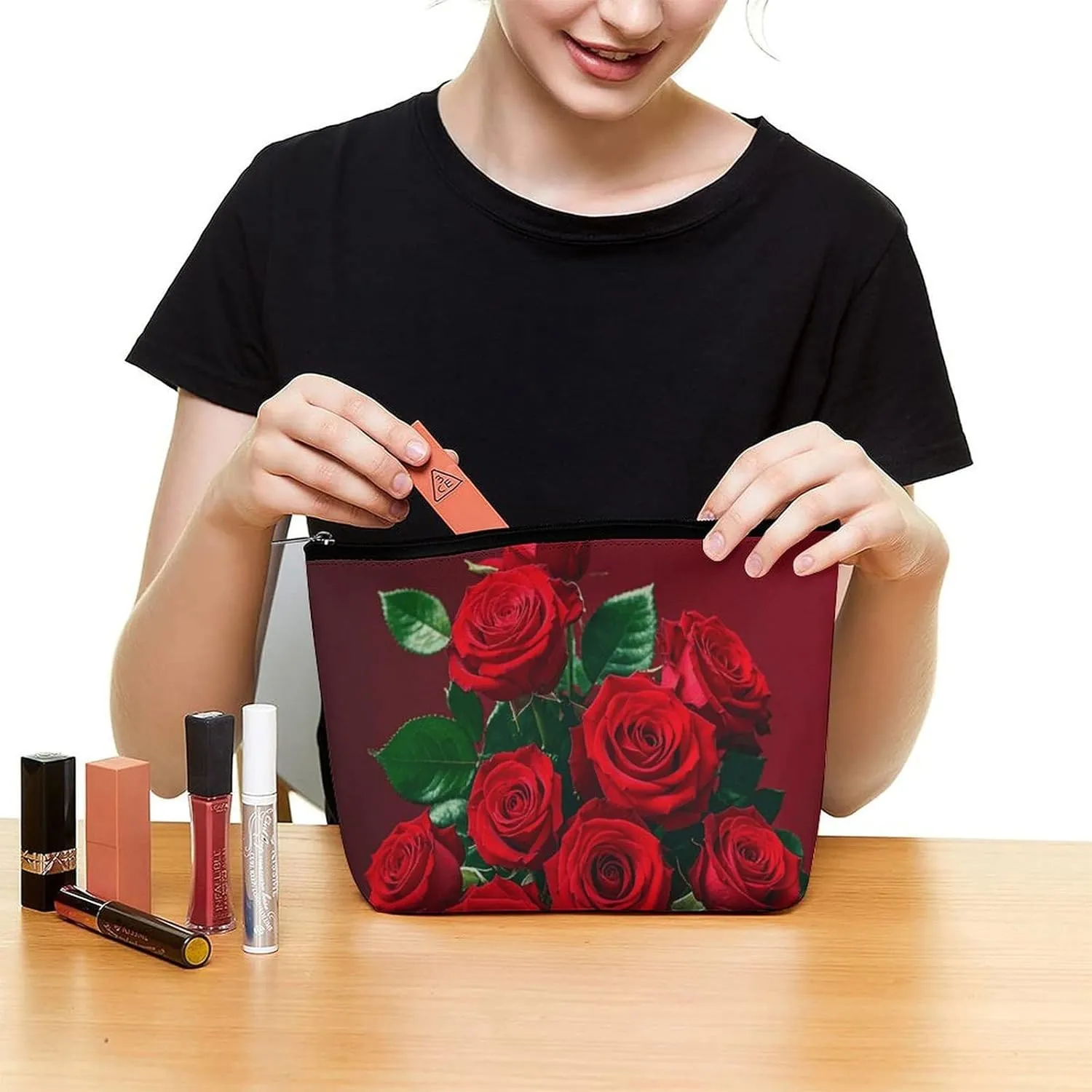 Toiletry Bag for Women Red And Roses Cosmetic Bag Portable Capacity Travel Makeup Bags with Zipper Lightweight Cute Beauty Makeup Organizer for Traveling, Accessories, Essentials