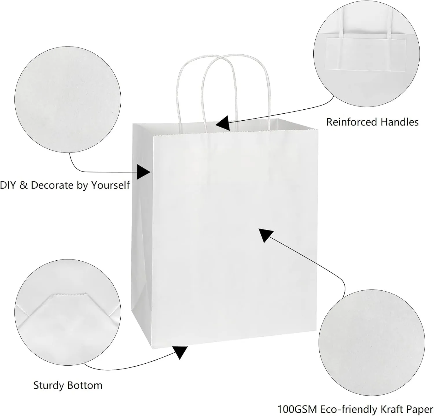 Toovip 100 Pack 8x4.75x10 Inch Medium White Kraft Paper Bags with Handles Bulk, Gift Wrap Bags for Favors Grocery Retail Party Birthday Shopping Business Goody Craft Merchandise Take Out Sacks