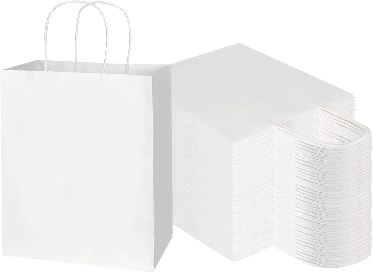Toovip 100 Pack 8x4.75x10 Inch Medium White Kraft Paper Bags with Handles Bulk, Gift Wrap Bags for Favors Grocery Retail Party Birthday Shopping Business Goody Craft Merchandise Take Out Sacks