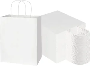 Toovip 100 Pack 8x4.75x10 Inch Medium White Kraft Paper Bags with Handles Bulk, Gift Wrap Bags for Favors Grocery Retail Party Birthday Shopping Business Goody Craft Merchandise Take Out Sacks