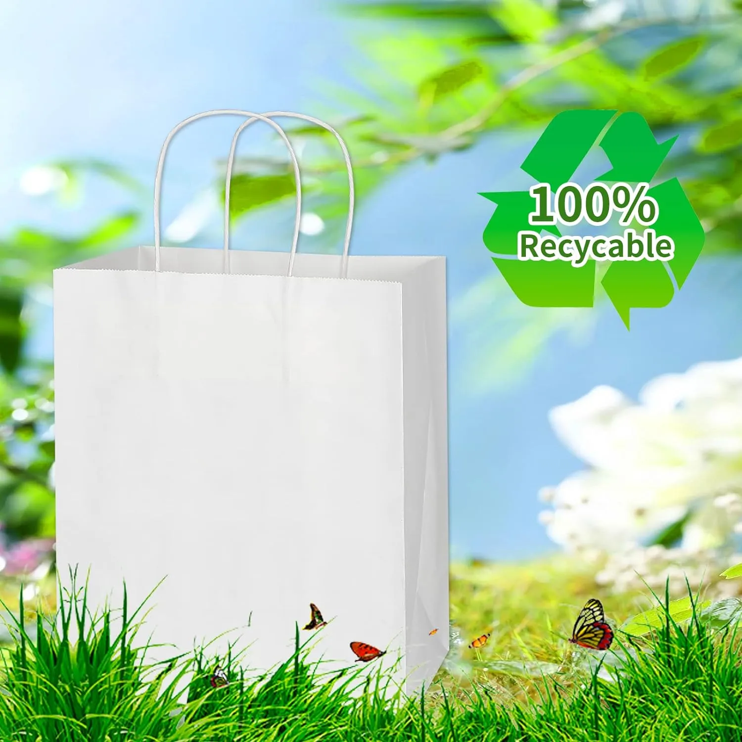 Toovip 100 Pack 8x4.75x10 Inch Medium White Kraft Paper Bags with Handles Bulk, Gift Wrap Bags for Favors Grocery Retail Party Birthday Shopping Business Goody Craft Merchandise Take Out Sacks
