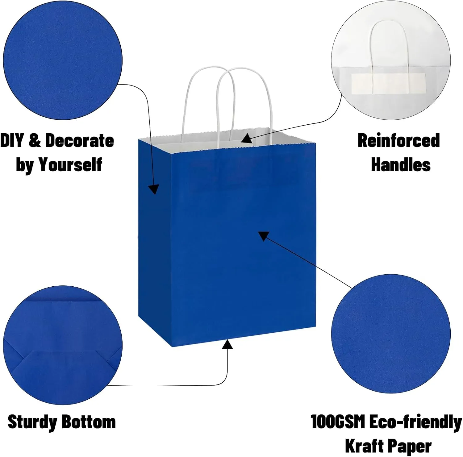 Toovip 25 Pack 8x4.75x10 Inch Medium Royal Blue Kraft Paper Bags with Handles Bulk, Gift Wrap Bags for Favor Grocery Retail Party Birthday Shopping Business Goody Craft Merchandise Take Out sacks