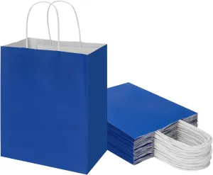 Toovip 25 Pack 8x4.75x10 Inch Medium Royal Blue Kraft Paper Bags with Handles Bulk, Gift Wrap Bags for Favor Grocery Retail Party Birthday Shopping Business Goody Craft Merchandise Take Out sacks