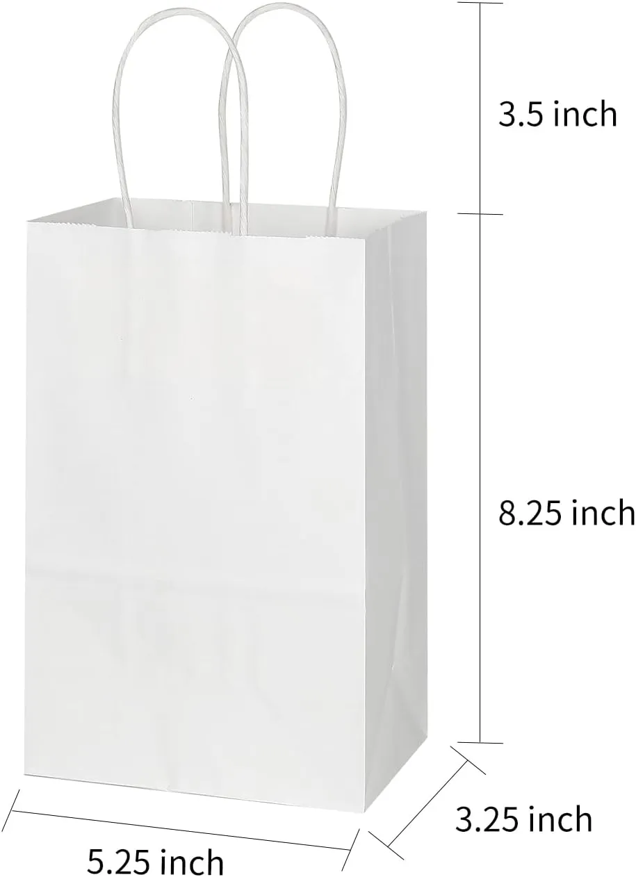 Toovip 50 Pack 5.25x3.25x8.25 Inch Small White Kraft Paper Bags with Handles Bulk, Gift Wrap Bags for Favor Grocery Retail Party Birthday Shopping Business Goody Craft Merchandise Take Out Cub Sacks